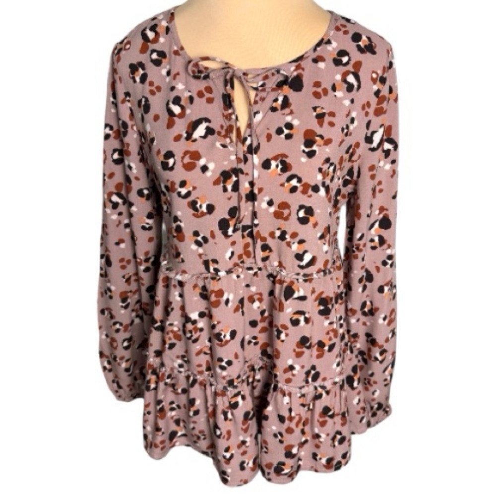 beachlunchlounge Cocoa Cat Animal Print Tiered Ruffle Boho Top S Long Sleeve EUC